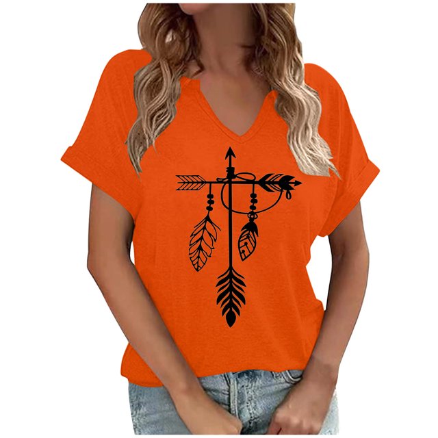 Dadaria Chemise Orange pour Femmes Manches Courtes T-Shirt Col en V Attrape-Rêves d'Été Chandail Blouses S