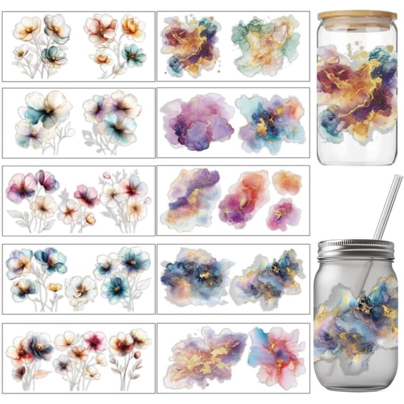 10 Pcs Flowers Theme Cup Printing UV Transfer Papers 10 Styles Ethereal Watercolor Flowers PVC DIY Heat Transfer Stickers for 16 OZ Glass Cups Crafts 9.5x4.3inch Colorful