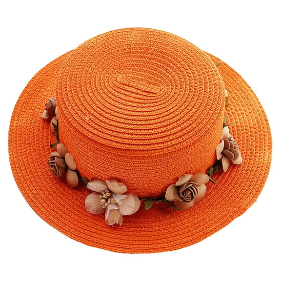 56-58cm hat circumference, women's summer sun hat garland beach outdoor flat top hat sunscreen foldable straw hat - orange