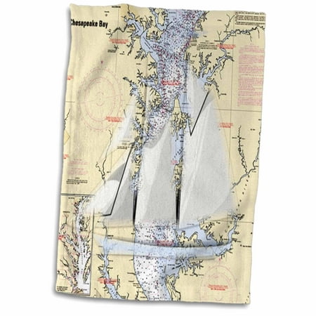 3dRose Print of Chart With Sailboat And Chesapeake Bay - Towel, 15 by