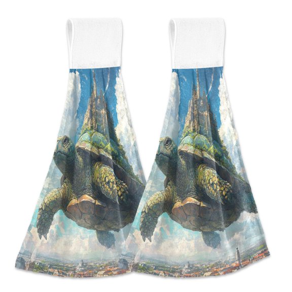BZSMCE Hanging Hand Towels Fashion Turtle Castle in The Sky Pattern 2-Pack - Velcro Style Bathroom Kitchen Towels