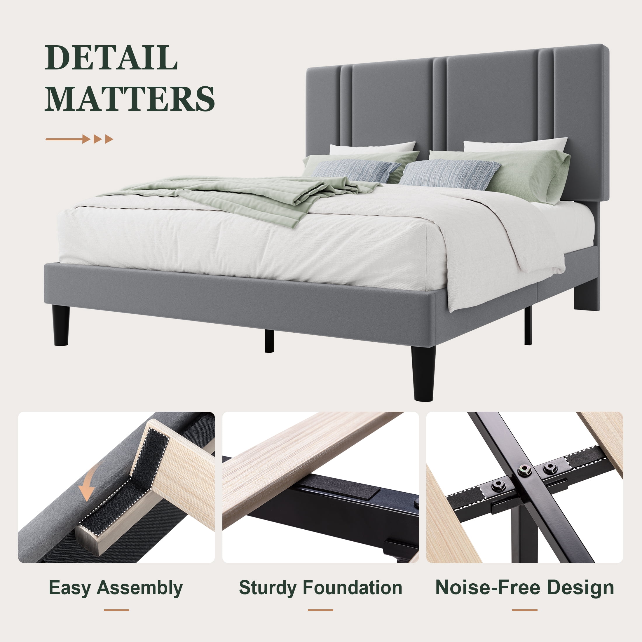 Amolife Full Bed Frame, Platform Bed with Upholstered Velvet Adjustable Headboard, Wooden Slats, Easy Assembly, Grey