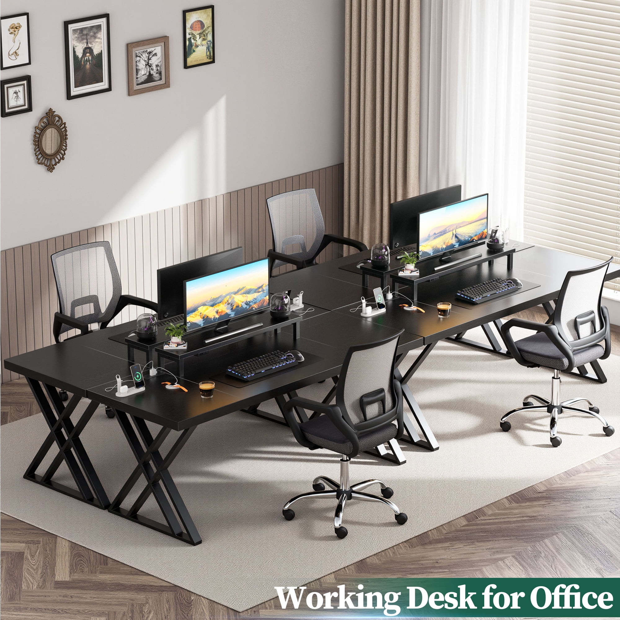 Executive Office Desk, Holaki 70.8" Large Farmhouse Wooden Office Desk with Desktop Stand and Charging Station, Study Writing Table Computer Desk Workstation for Home, Black