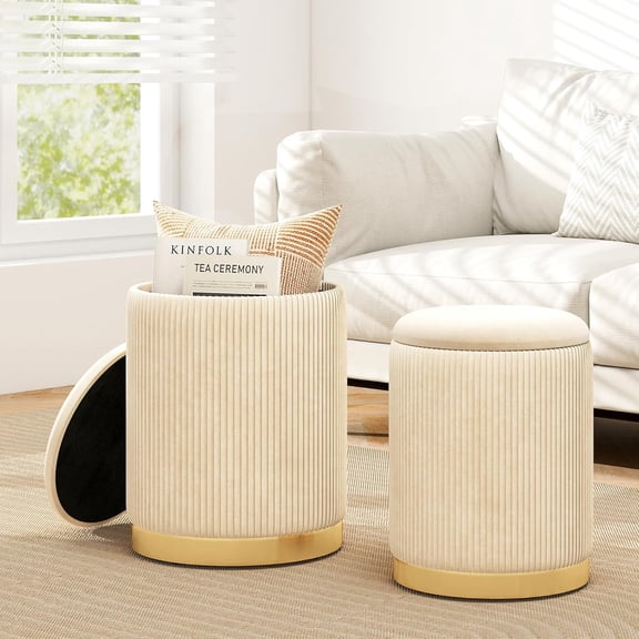 QHTER Ottoman with Storage - Set of 2 Storage Ottomans, 1 Large & 1 Small Nesting Ottoman Side Table, Upholstered Velvet Round Foot Rest Vanity Stool for Bedroom Living Room (Beige & Golden)