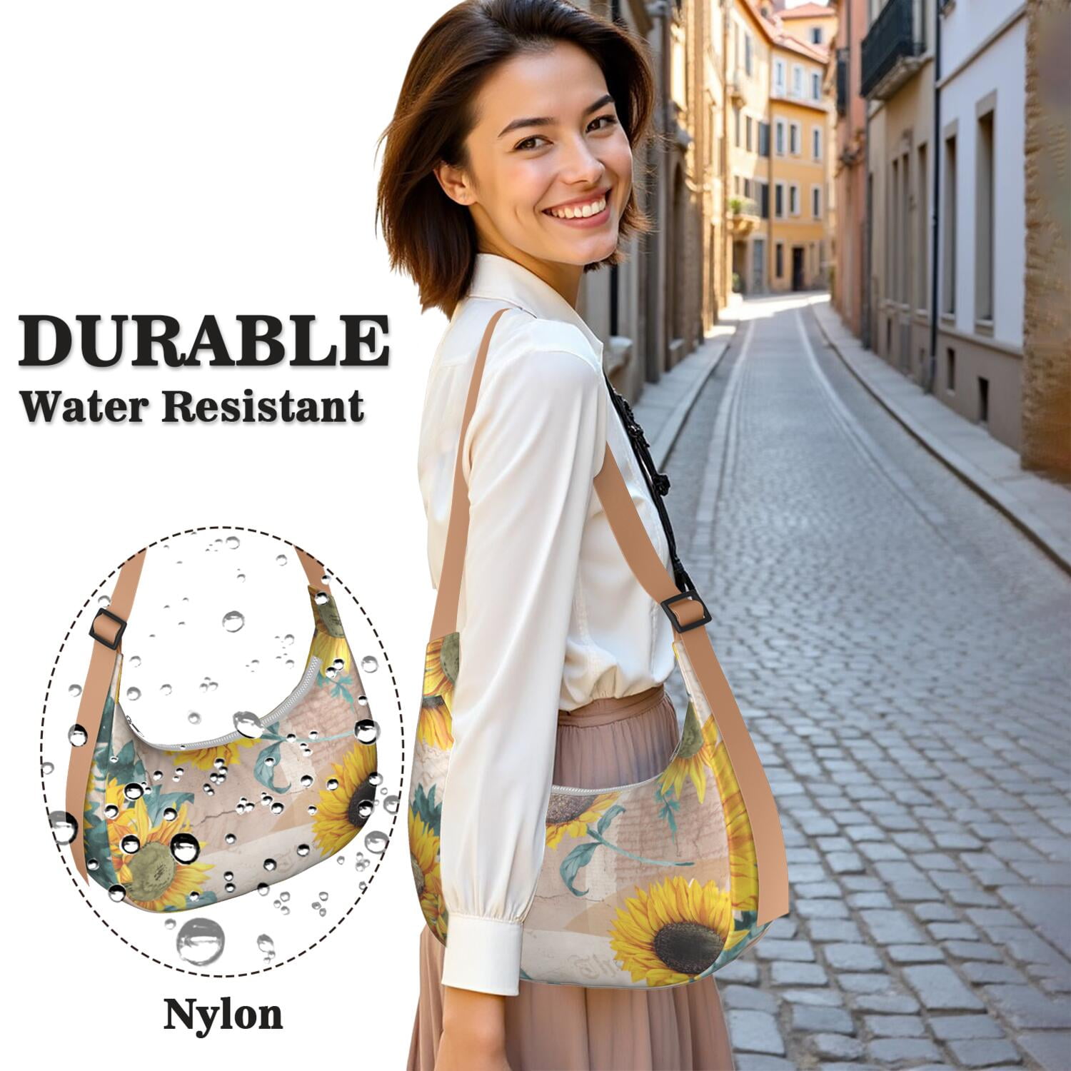 Casual Crossbody Purse for Women – Lightweight & Spacious, Boho Sunflower and Butterfly Floral Print, Rustic Vintage Country Style, Water-Resistant Durable Purse