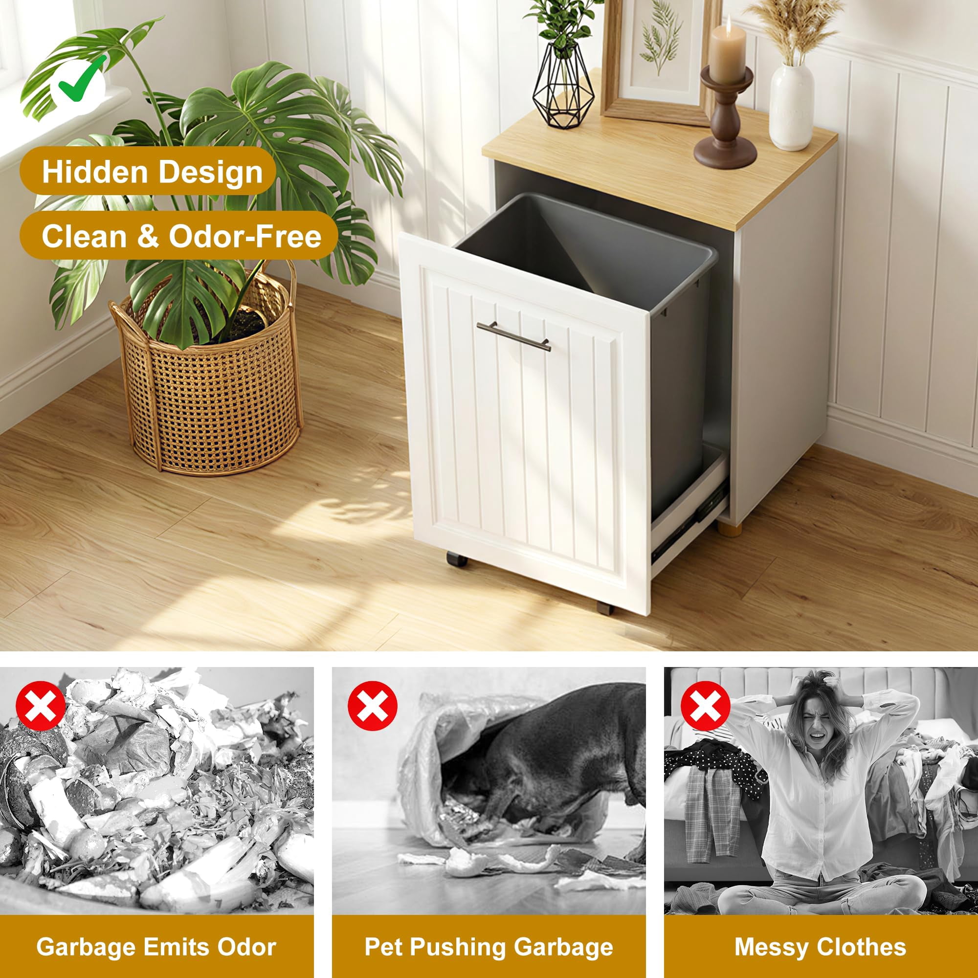 FEXIA Pull Out Trash Can Cabinet for 10 Gallon Bin, Pet Proof Hidden Kitchen Waste Bin, Freestanding Wooden Garbage & Recycling Cabinet for Kitchen, Laundry Room, Living Room