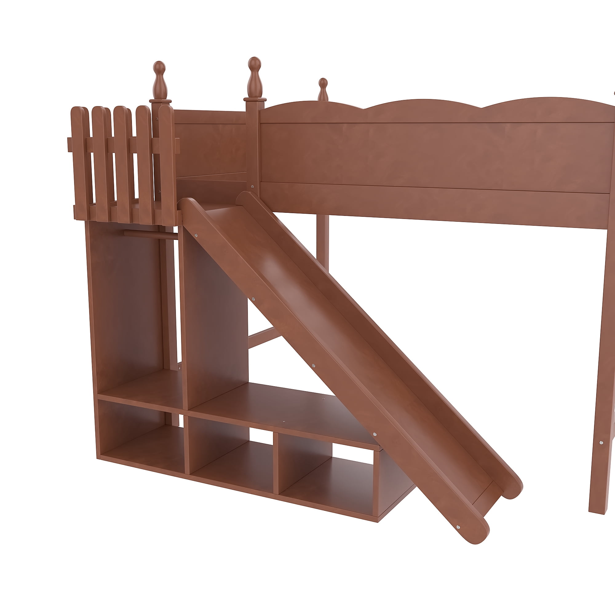 Leumius Queen Loft Bed Frame with Storage Shelves and Wardrobe, Solid Wood Loft Bed with Detachable Slide and Ladders for Kids Teens Adults Deep Natural