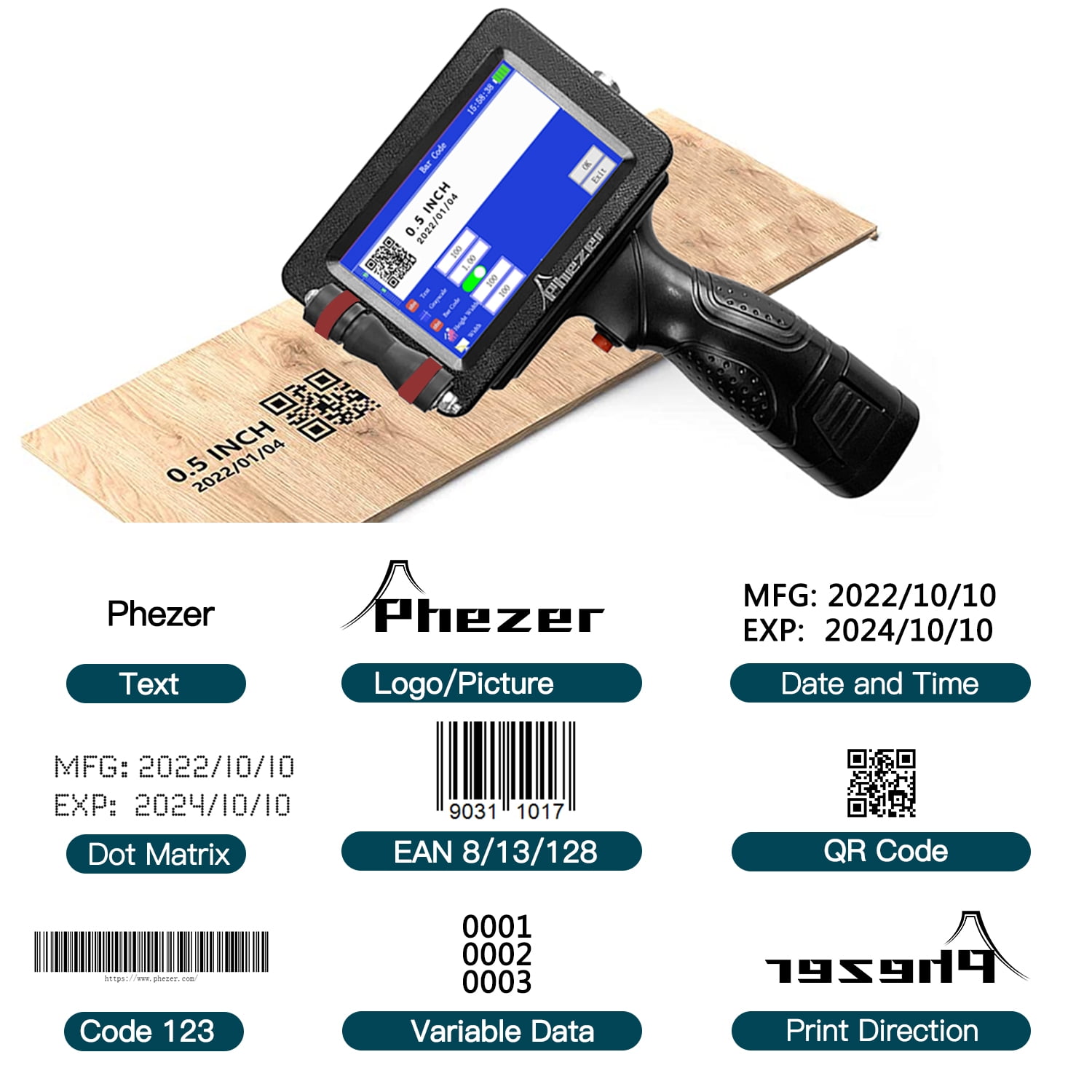 Phezer P16 Handheld Inkjet Printer for Any Surface, Intelligent 360° Coding Machine for Date/Time/Barcode/QR Code/Logo On Glass Carton Box Wood Cloth Plastic Cable (25 Languages) with 1 Ink cartridge