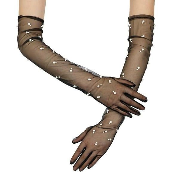 Zhengup Women's Long Tulle Gloves Pearl Bridal Sheer Mesh Gloves Wedding Opera Prom Party Hallowmas Decoration Accessories