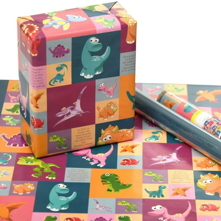 eVincE premium dinosaur design multicolor wrapping paper for kids birthday gifts | 70 x 50 cms | 80 gsm Gloss art paper | Value pack of 25 sheets | Fun facts for all occasions return gift wrapping