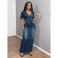 thumbnail image 5 of Women Faux Denim Print Mermaid Maxi Dress, V Neck Short Sleeve Bodycon Long Dress, Slim Fit Night Out Club Dress, 5 of 5