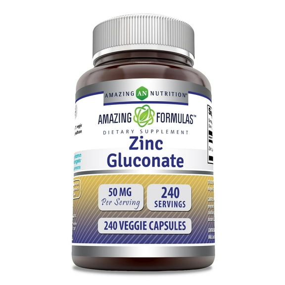 Amazing Formulas Zinc Gluconate 50mg 240 Veggie Capsules Supplement | Non-GMO | Gluten Free | Made in USA | Suitable for Vegetarians
