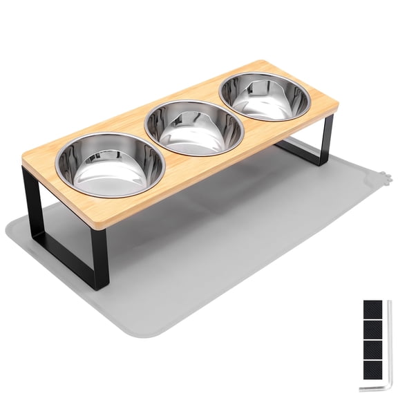 1pack Elevated Dog Food Bowl Easy Install 15° Tilted 3 Stainless Steel Bowls Stand Puppy Feeding Stand with Pad for Cat Dog Gift for Pet Lover