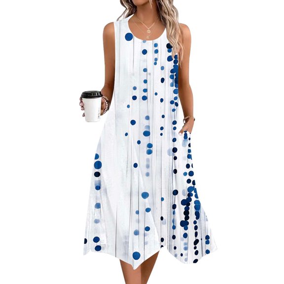 Vetsdori Womens Sleeveless Midi Dresses Beach Sundress Slip Dress Graphic,Summer Crew Neck Pockets Tank Dress for Junior Holiday