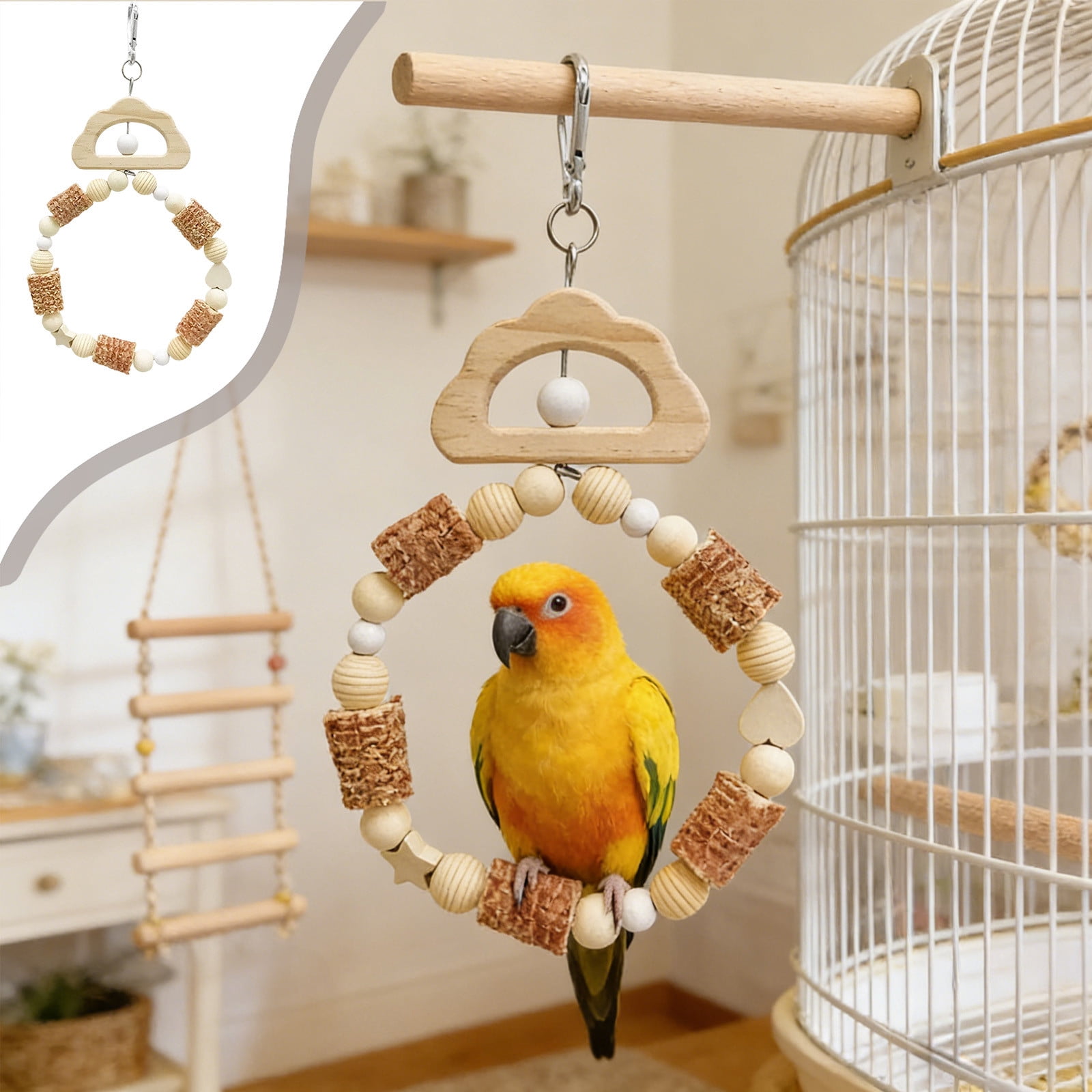 Bird Swing Natural Wooden Wreath Toy for Birds Parrots Chewable Boredom Breaker Cage Hanging Accessory Durable