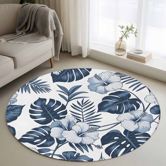 Round Area Rug 3 Ft, Palm Leaves Washable Non-Slip Circle Carpet for Living Room/Bedroom, Vintage Summer Blue Tropical Flowers Plants Low-Profile Small Floor Mats Collection Rugs for Indoor