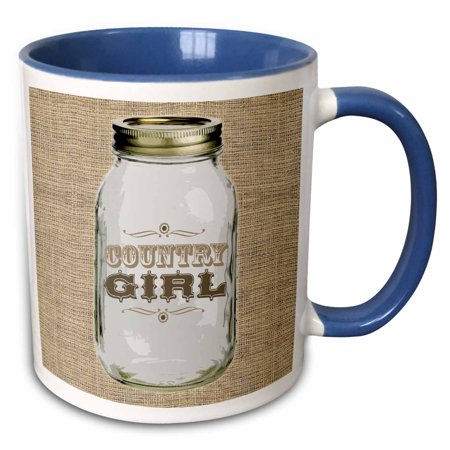 

3dRose Mason Jar on Burlap Country Girl in Brown - Two Tone Blue Mug 11-ounce