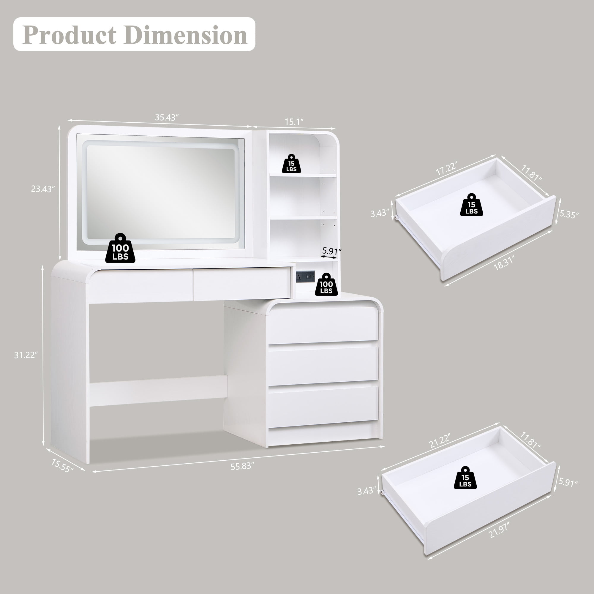 wow97e Modern Vanity Desk with Touch Screen LED Mirror, 55" Big Make Up Table with 5 Drawers , Wood Dressing Tablew/3 Color Available, Charging Station
