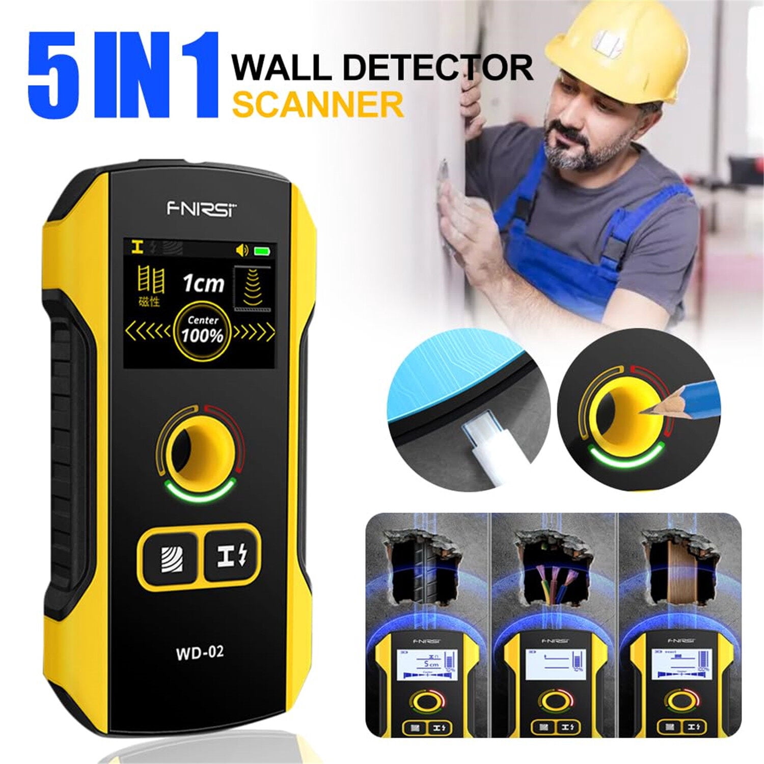 Stud Finder Wall Scanner - 5 in 1 USB Rechargeable Stud Finder Wall Wood Metal, Wall Detector with Positioning Hole for AC Live Wires Metal Wood Stud Detector WD-02