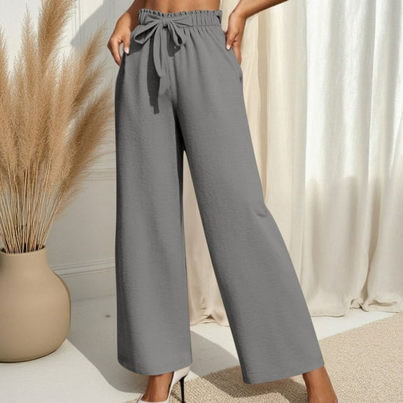DPTALR George Women's Plus Size Wide Leg Lounge Pants with Pockets,High Waisted Palazzo Trousers with Adjustable Tie Knot,Gray,Size XXXL
