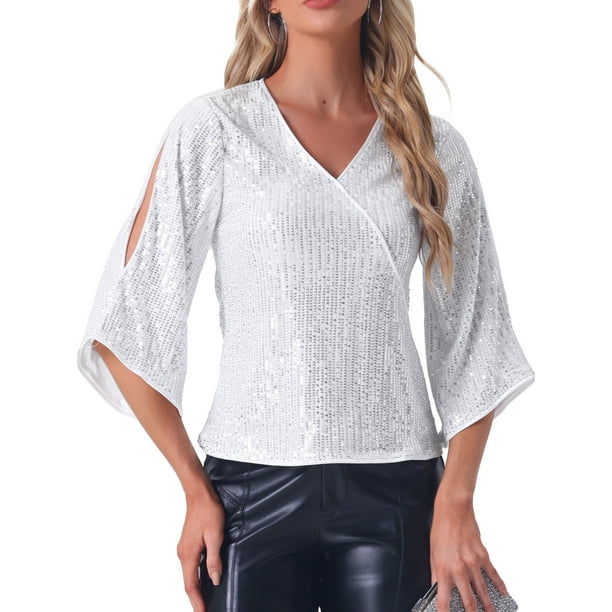 INSPIRE CHIC Top de Lentejuelas para Mujer, Blusa de Manga 3/4, Cuello en V, Brillante, Outfit de Fiesta Disco, Plateado M