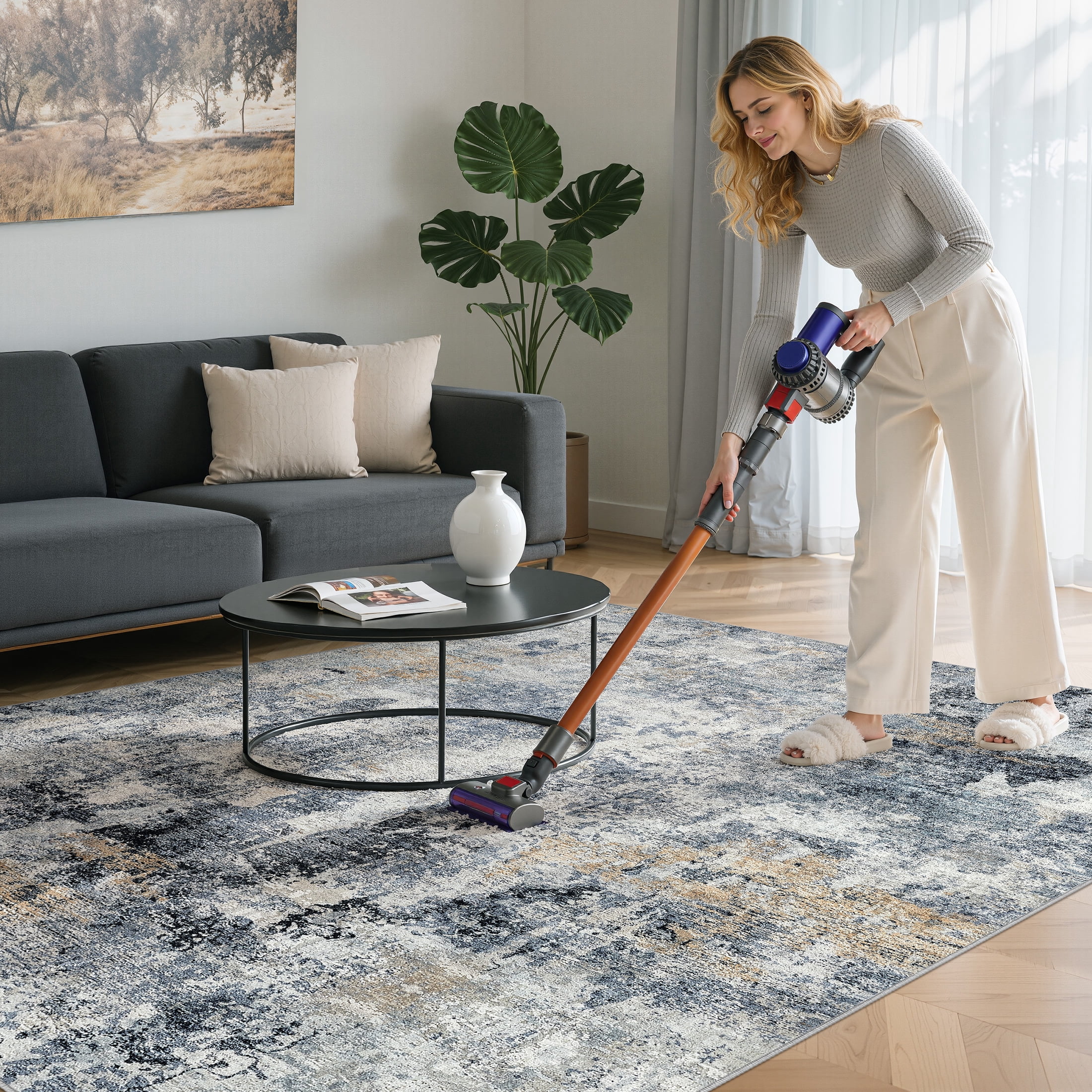 UERMEI 5x7 Washable Area Rugs for Living Room, Modern Abstract Printed Rug, Vacuum-Friendly, Non Slip Indoor Rug for Bedroom Dining Room Home Decor Carpet, Dark blue