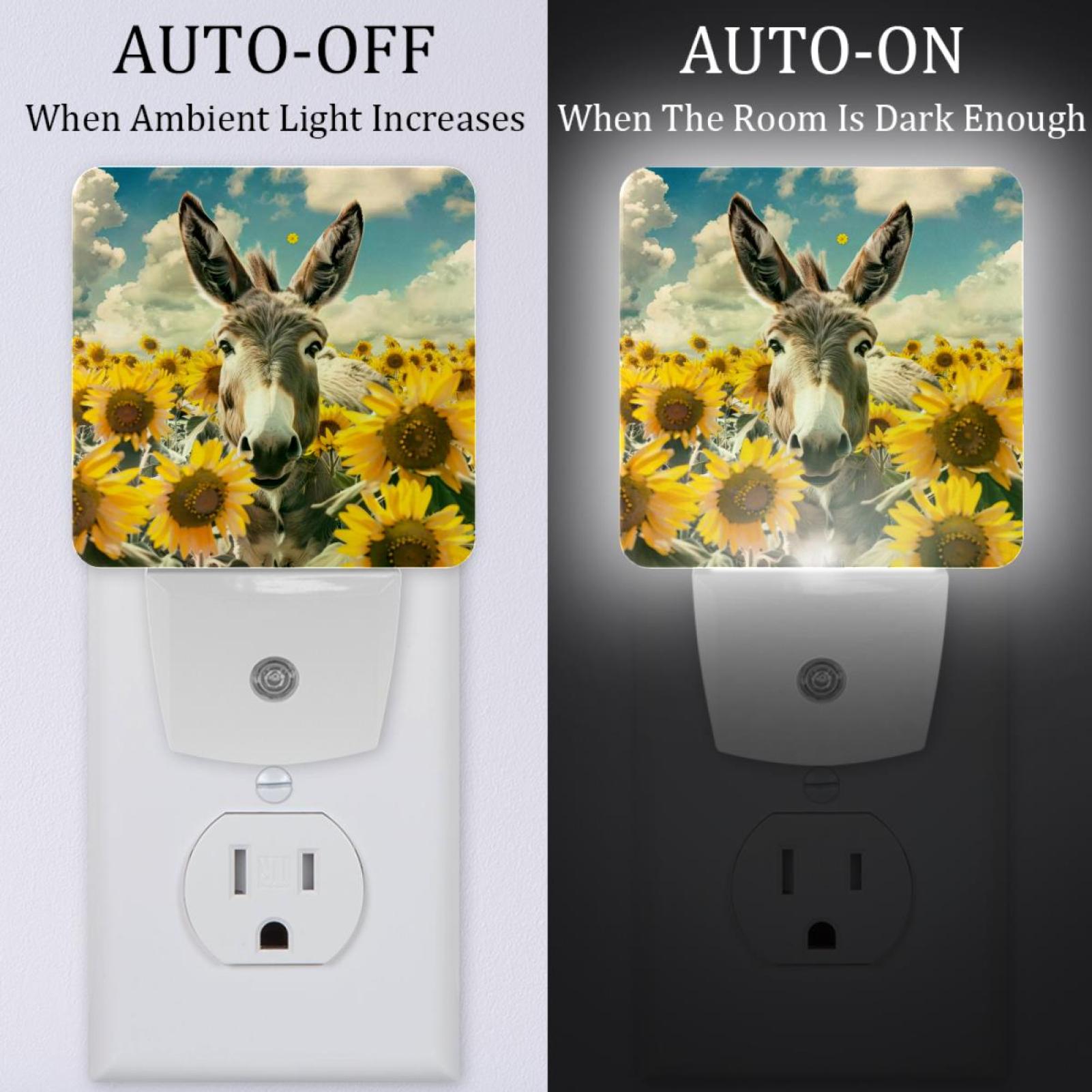 PhooArto Funny Donkey and Sunflowers Plug in LED Night Light Auto Sensor Dusk to Dawn Decorative Night for Bedroom, Bathroom, Kitchen, Hallway, Stairs, Baby's Room, Energy Saving