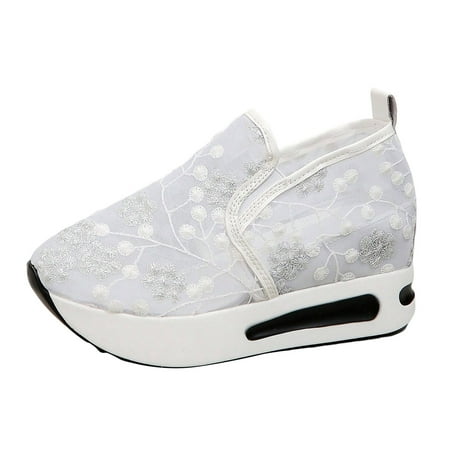 

KELINFONG Womens Sneakers Platform Wedge Walking Shoes Fashion Embroidery Floral Mesh Sole Slip on Loafers