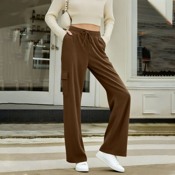 Womens Corduroy Pants Casual High Waisted Elastic Drawstring Cargo Loose Fitted Wide Leg Trousers with Pockets New Wide Leg Pants for Women Dressy Brown M