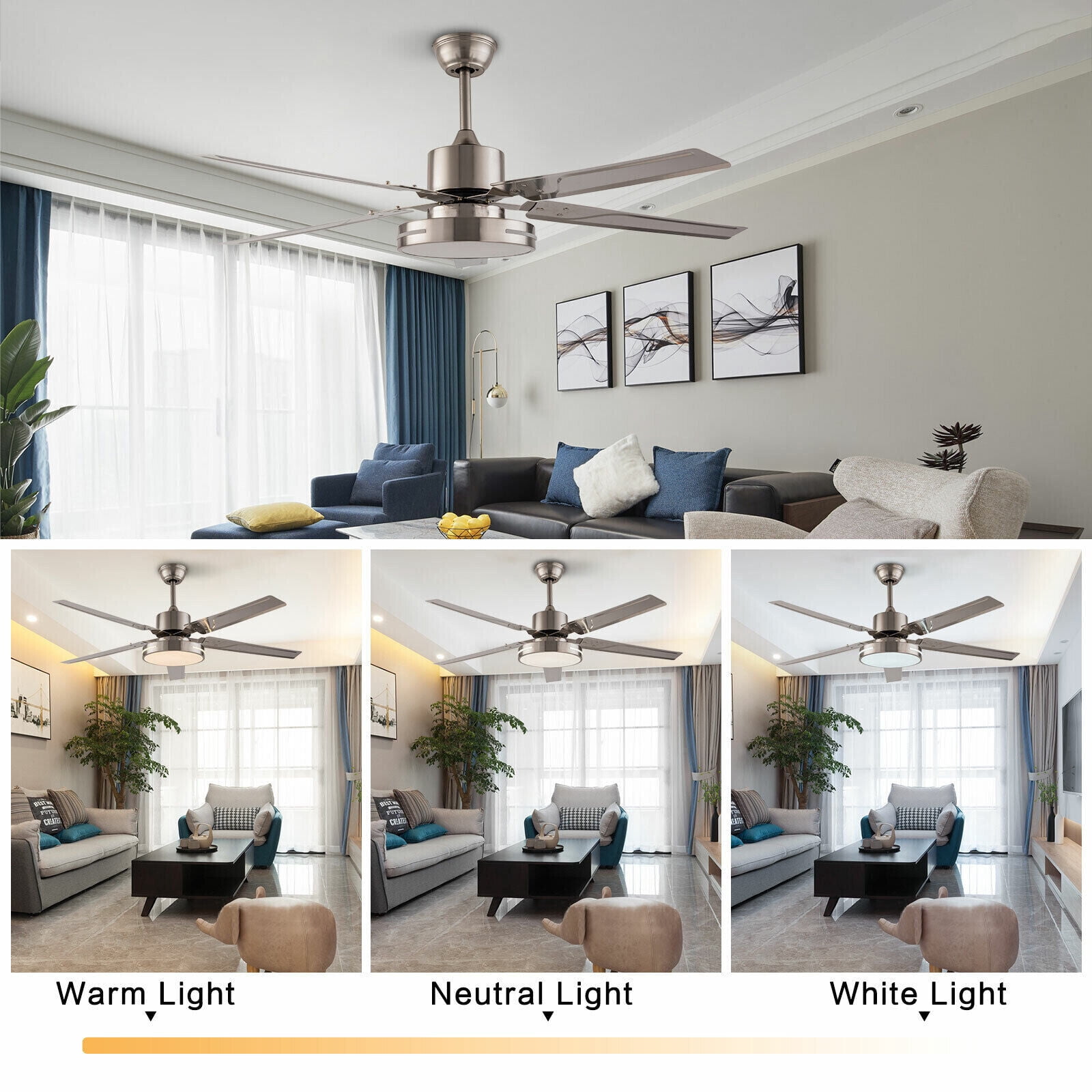 Ceiling Fan with Lights and Remote, Quiet Motor 48-inch Ceiling Fan with 5 Blades, 3 Speed 3 Light, Big Fans for Living Room, Bedroom, Silver