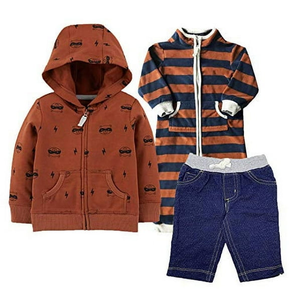 Carter's Baby Boy's 3-Piece Hoodie Set (Raccoon/Brown/Navy, 3 Months)