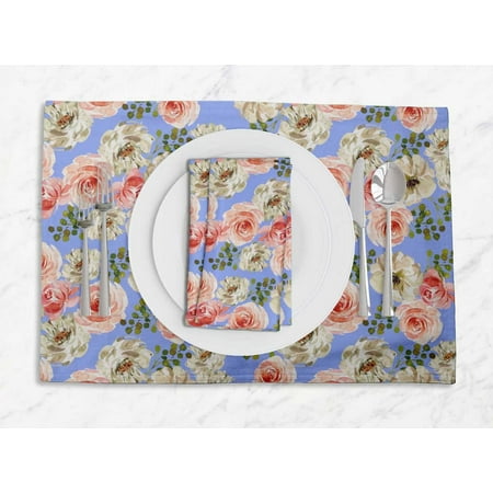 

S4Sassy Blue Ranunculus With Bunch Floral Everyday Washable Placemats With Napkins Dining Table Decor