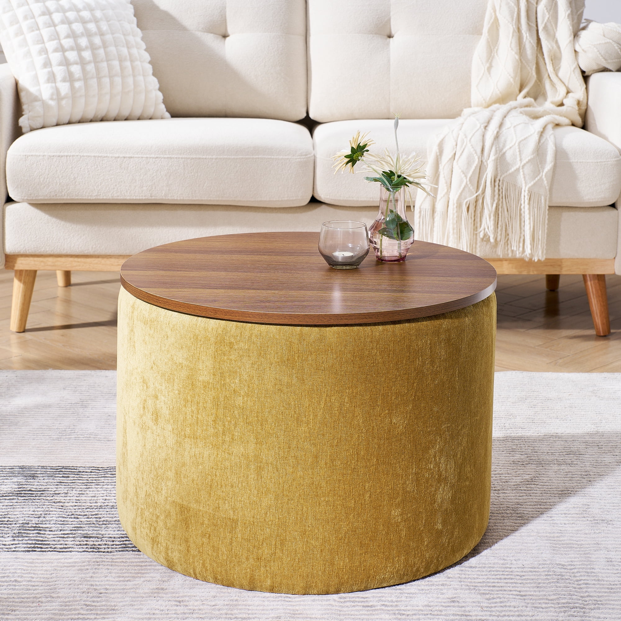 Lunale Round Storage Ottoman Set of 2, Chenille Upholstered Coffe Side Tables for Living Room, Dark Yellow
