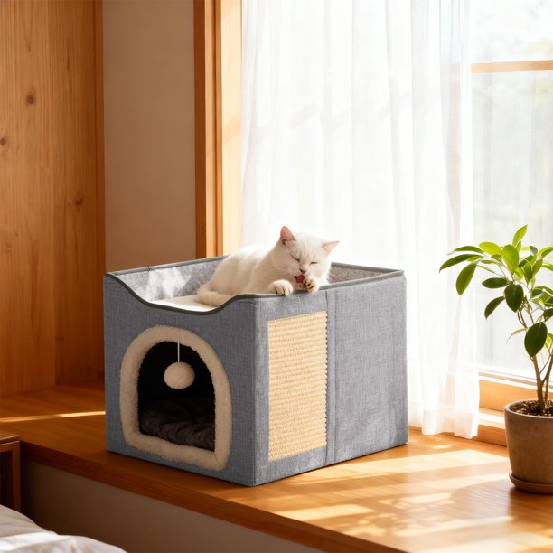 1Pcs Large Capacity Semi-Closed Cat Litter Box with Removable Scratching Board 15.35x15.35x14.96" Winter Warm Pet Cottage in Grey Blue 3-in-1 Versatile Design with Roomy Interior Space JASKFLY