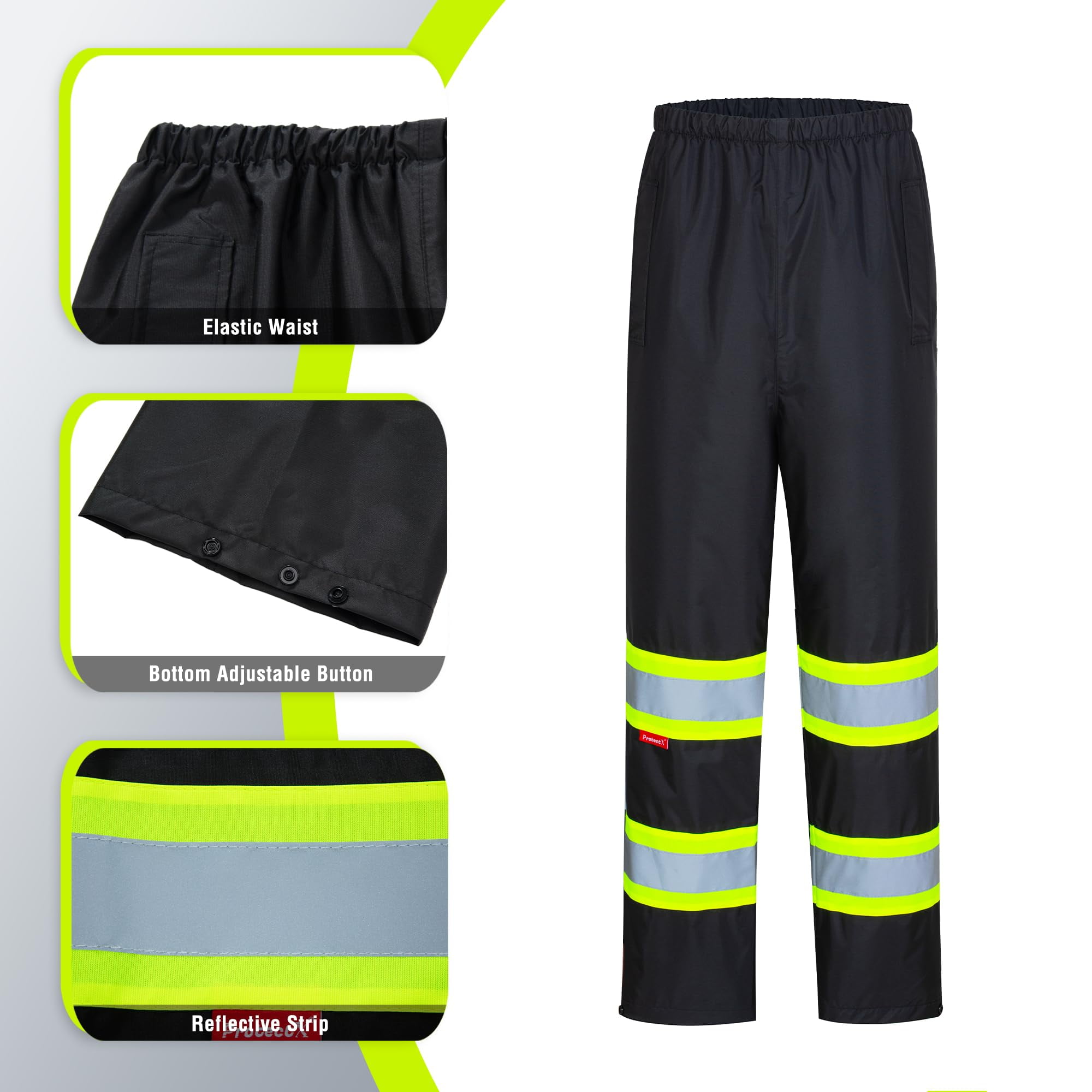 ProtectX Hi Vis Safety Rain Jacket and Pants, Waterproof Reflective Rain Gear for Farming Fishing Work, Men Women Rain Suit with Inner Mesh Lining and Pockets, Black