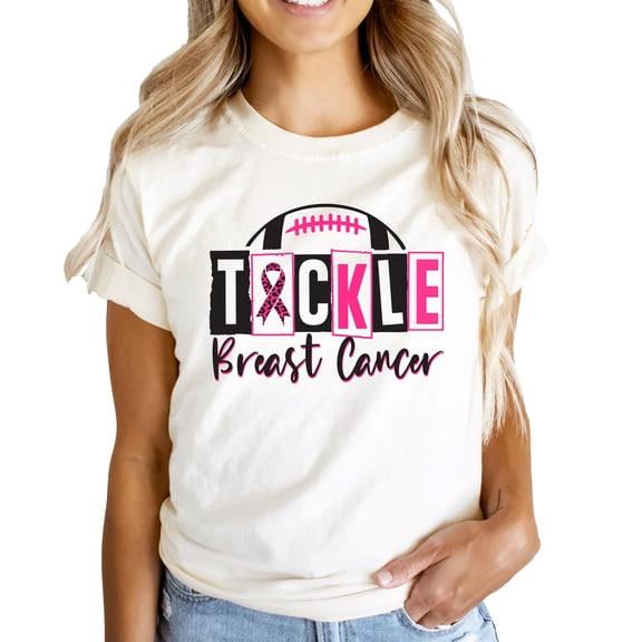 Tackle Breast Cancer Shirt for Women, Teens & Kids Pink Ribbon Football Game Day Tee Natural Shirt Adult Large