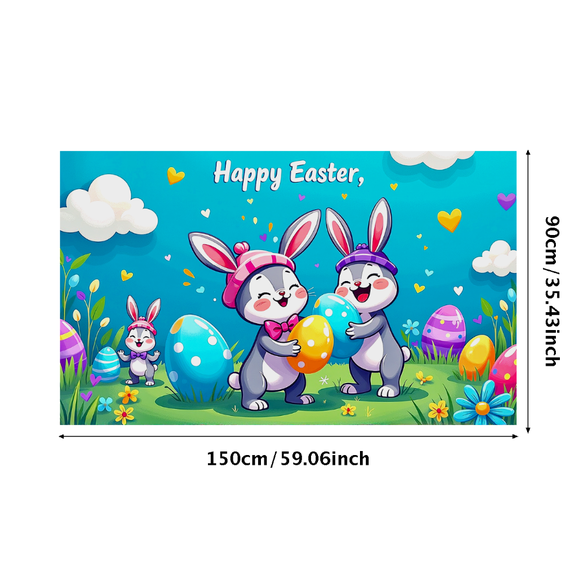 Cute Bunny Themed Happy Easter Background Banner Decorations for Easter Parties Egg Hunts Family Gatherings and Photography Props