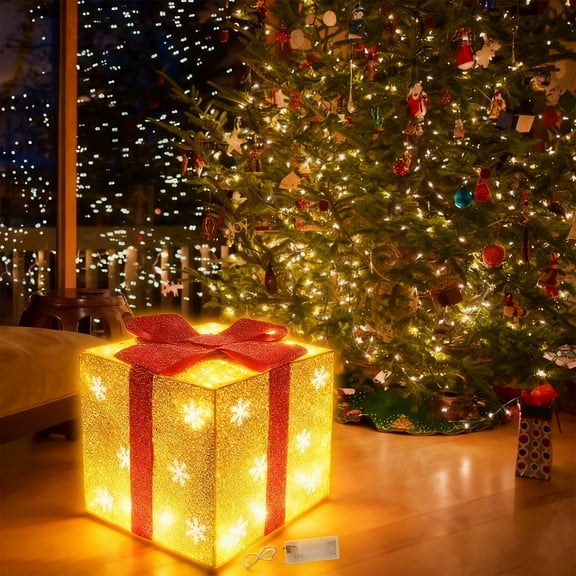 XEAZON Christmas Lighted Gift Boxes Decorations with Snowflake, 5.9 inch Tinsel Present Yellow Box with Bows, Light Up Christmas Tree Skirt Ornament, for Indoor Xmas Tree Outdoor Yard Holiday