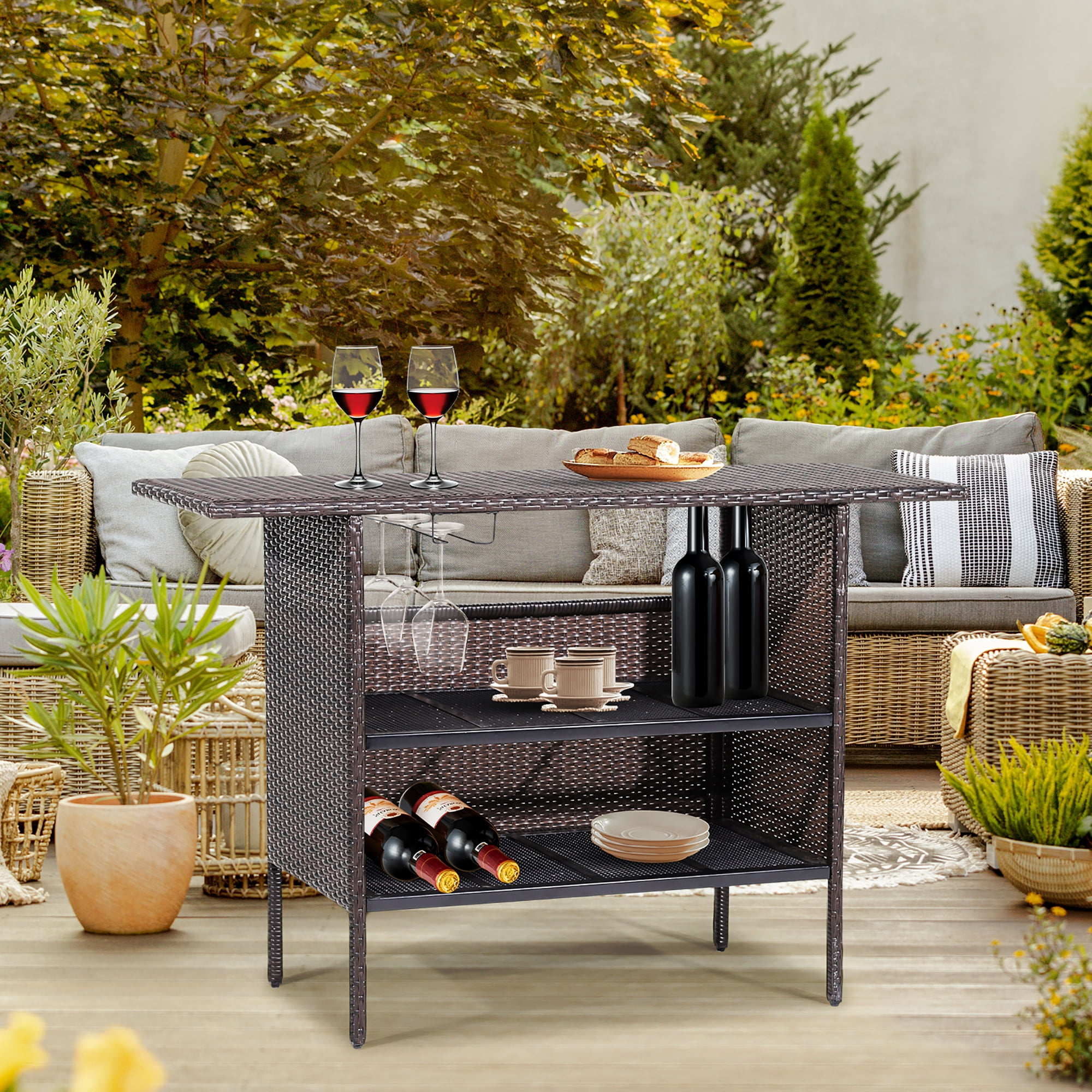 Costway Patio Rattan Wicker Bar Height Counter Table Storage