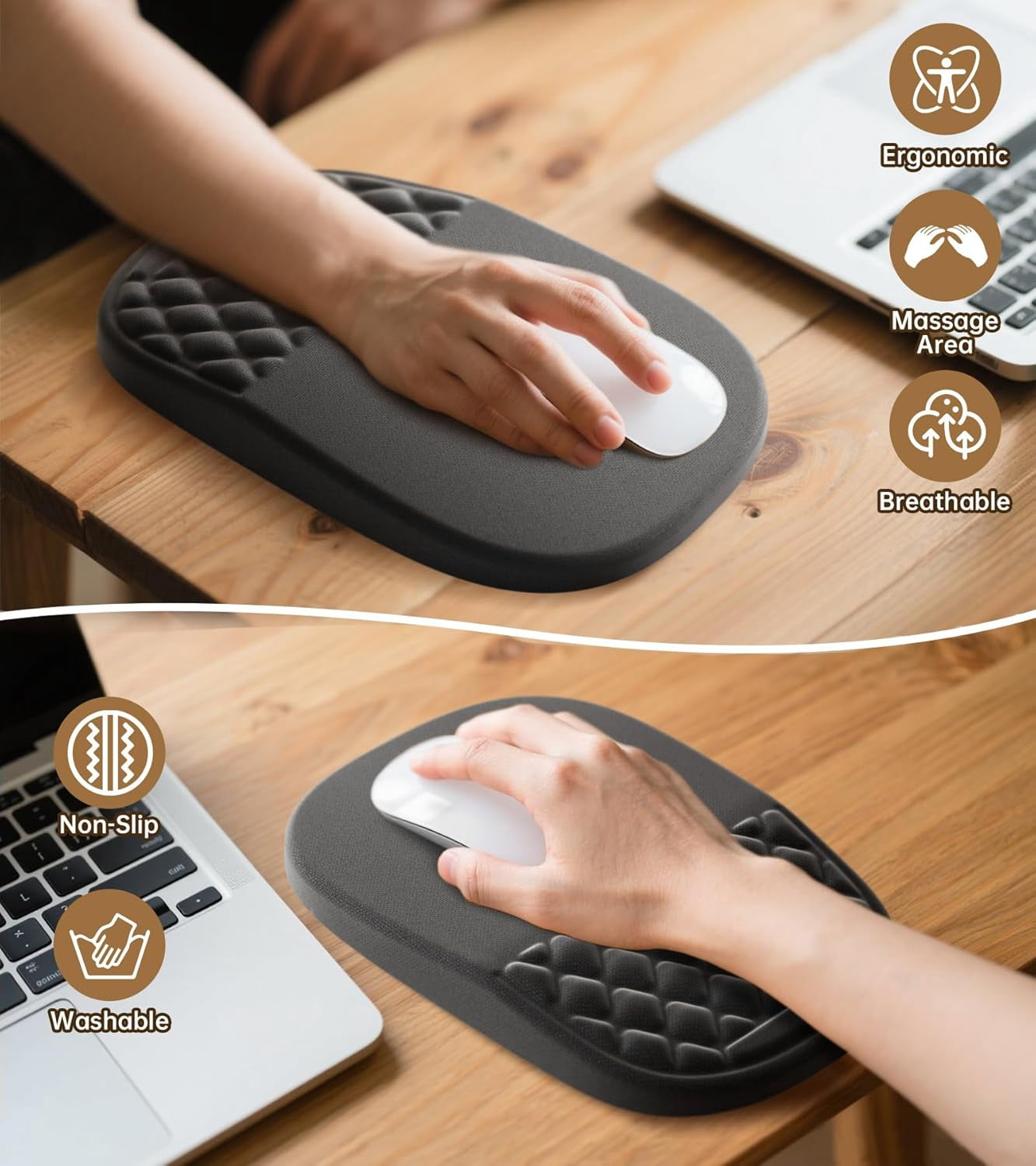 Ergonomic Mouse Pad with Wrist Rest 2 in 1 Mousepad with Wrist Support, Memory Foam Desk Mouse Mat with Massage Nubs & Gel PU Non-Slip Base, Suitable for Office & Gaming, Black