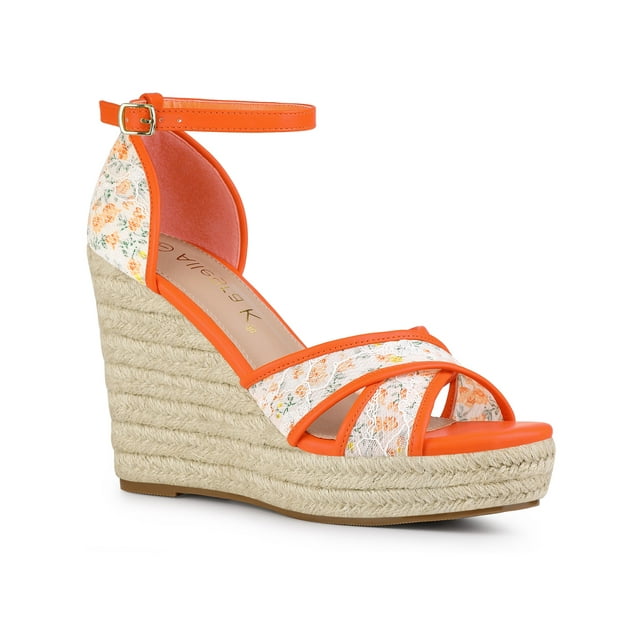 BLISSFUL STEP Sandales Compensées Espadrilles pour Femmes à Talon Compensé Fleur Orange 9