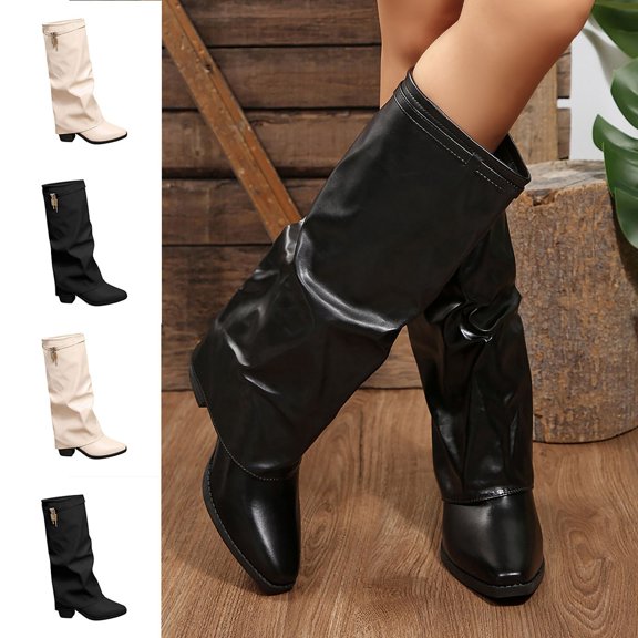WAVSUF Women's Wide Width Boots Soft Sole Pointed Toe Plus Size Winter Wedge Slouch Boots Brown 7.5