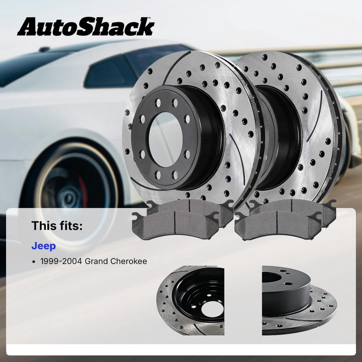 AutoShack Front & Rear Brake Rotors & Ceramic Pads for Jeep, Grand Cherokee 1999-2004, AWD RWD 4WD L6 4.0L V8 4.7L - E-Coated Drilled & Slotted - ShadowGuard