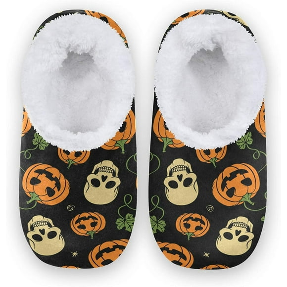 Halloween Sugar Skull Pumpkin Slippers for Women, Womens House Slippers Indoor Slipper Socks House Shoes Bedroom Socks Shoe