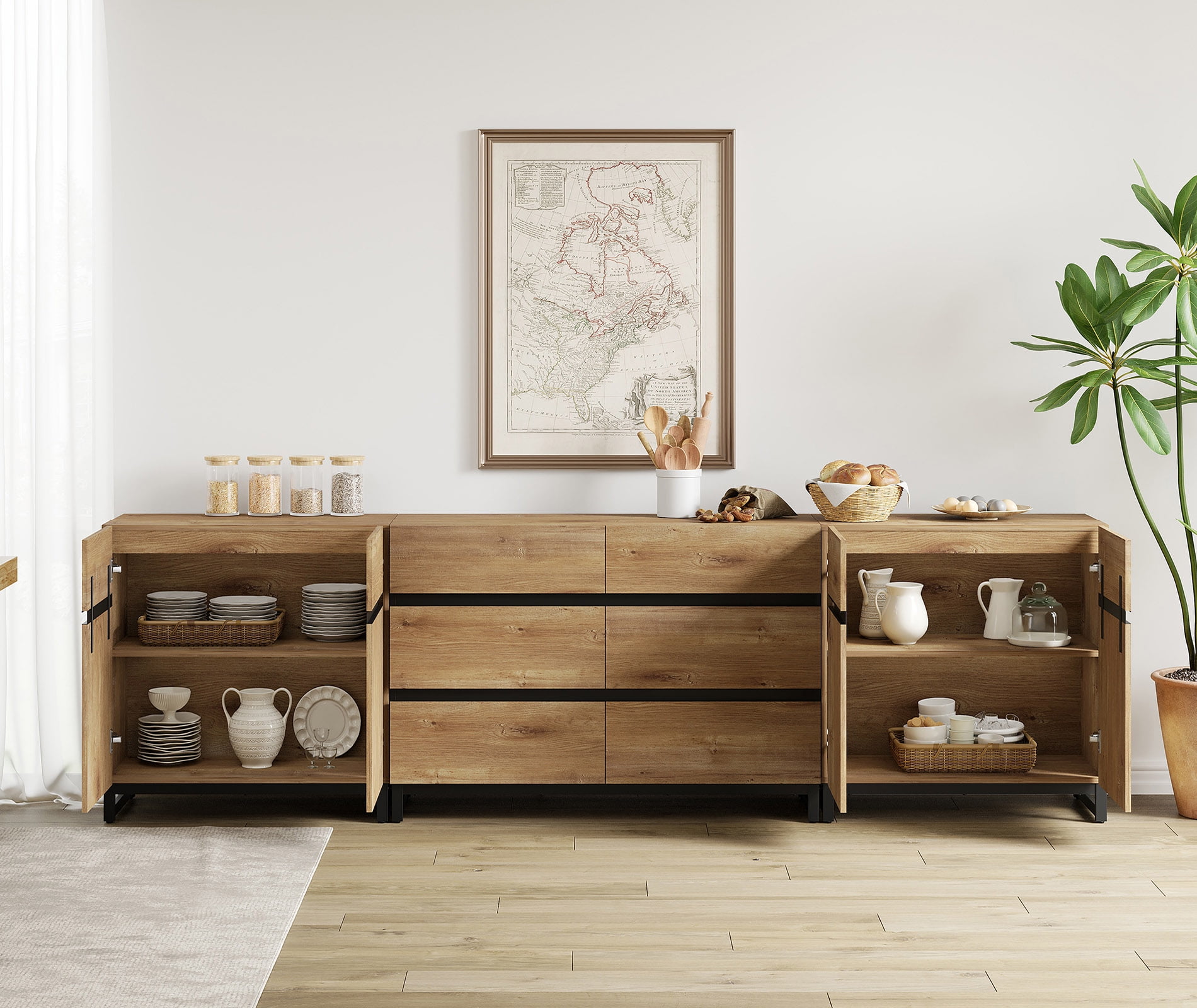 Modern Sideboard with Adjustable Shelves, 3 in 1 Storage Cabinet, Coffee Bar Cabinet for Living Room, Kitchen, Oak
