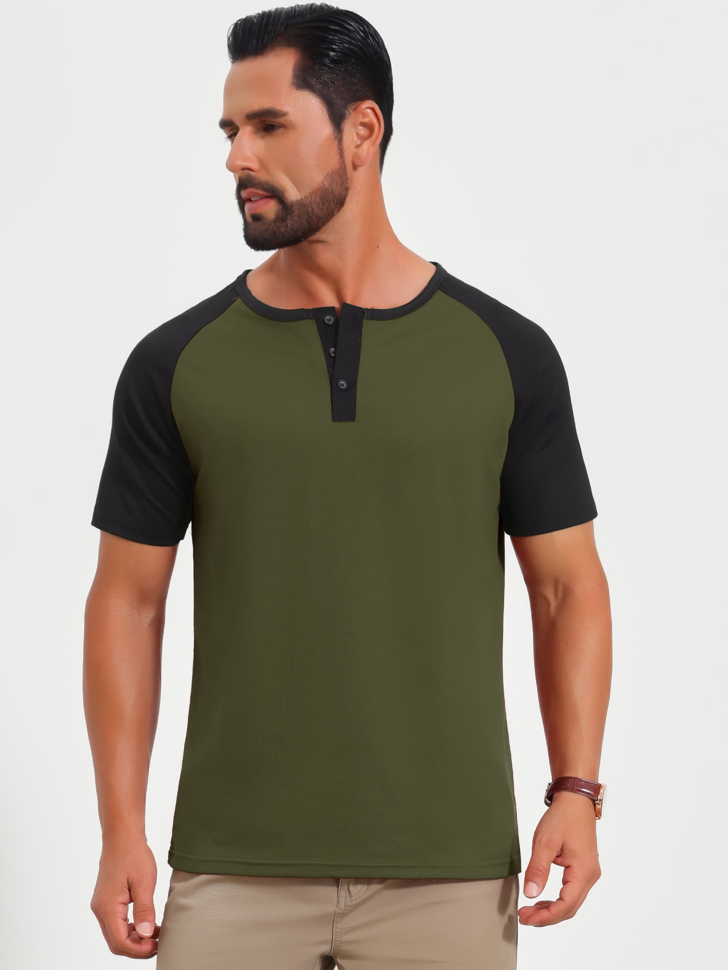 DARING DIVA Men's Henley Button Down Color Block Short Sleeve T-Shirt L Olive Green