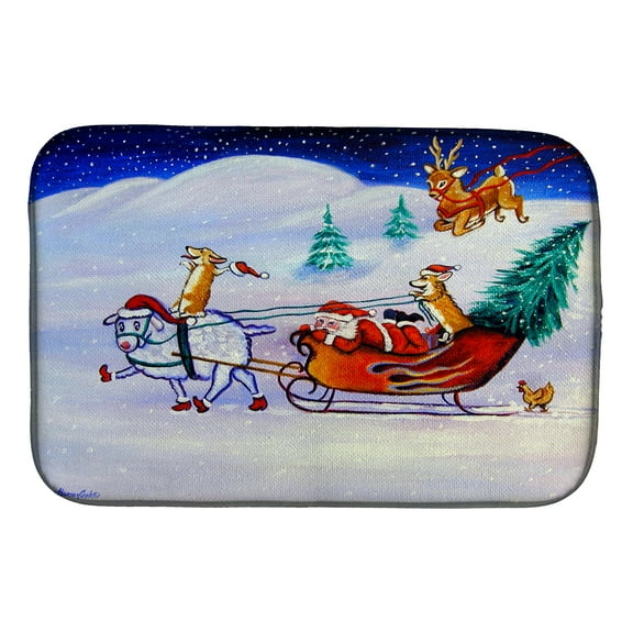Caroline's Treasures Corgi Highhacked Santa Claus Sleigh Dish Drying Mat