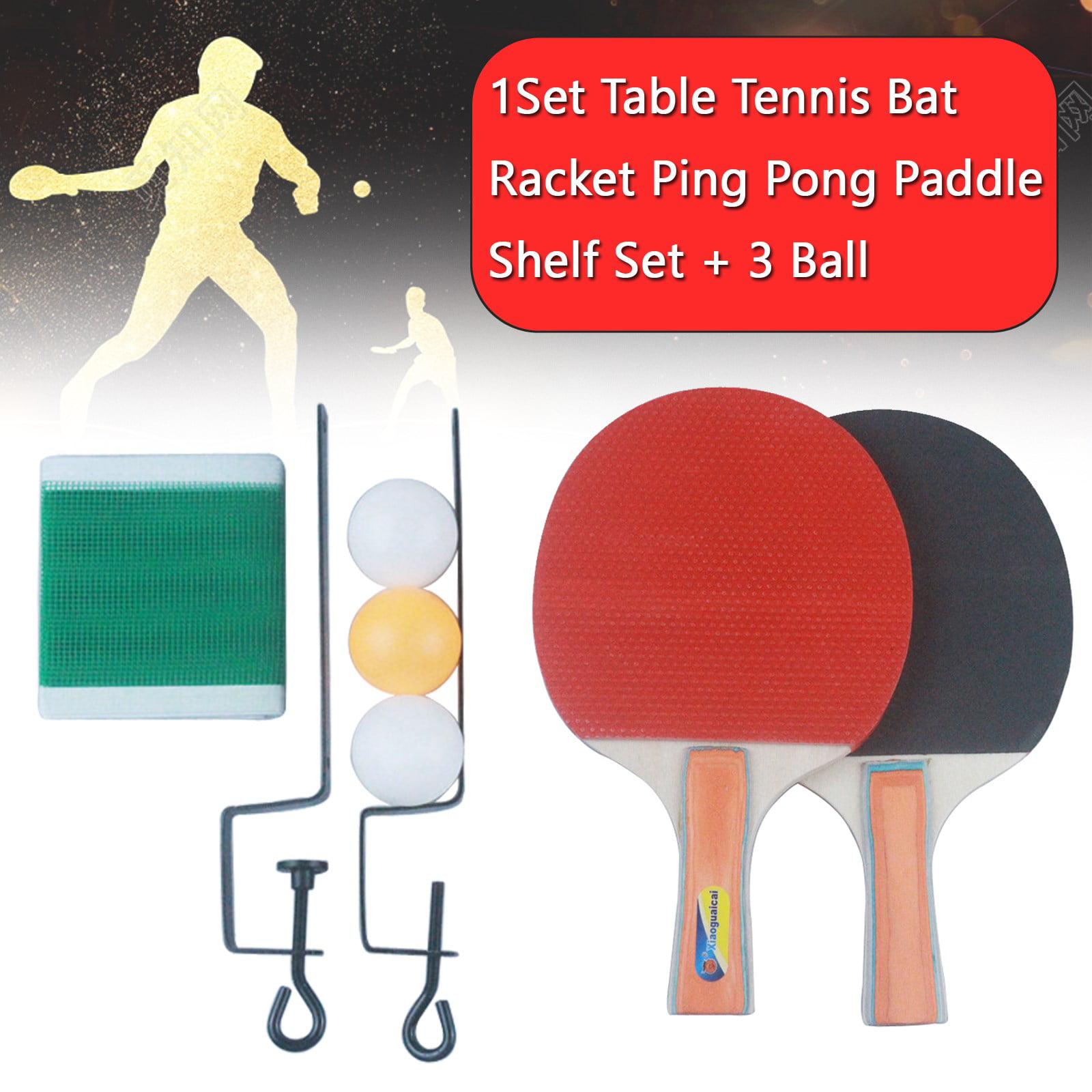 Table Tennis Ping Pong Racket White Handle Bat Paddle with 3 Balls Net Set 