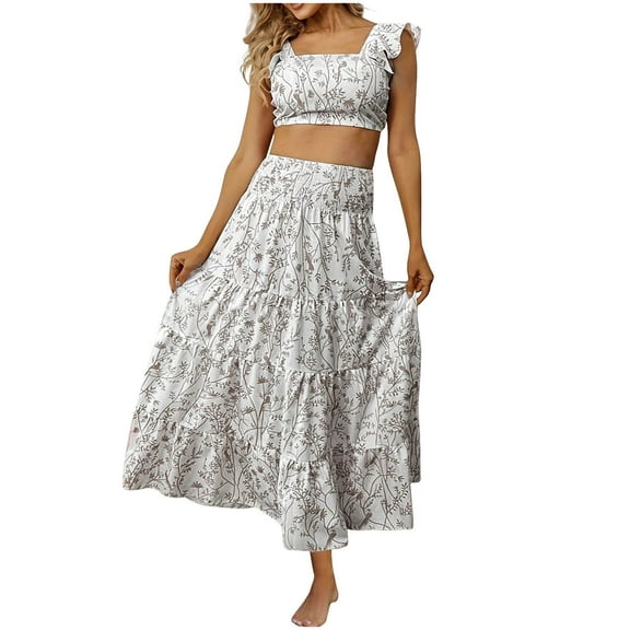 WMTBSRSW Two Piece Outfits for Women Floral Flowy Sleeveless Cropped Tank Tops and Tiered Ruffle Maxi Skirt Set Lightweight Casual Beach Vacation Sets