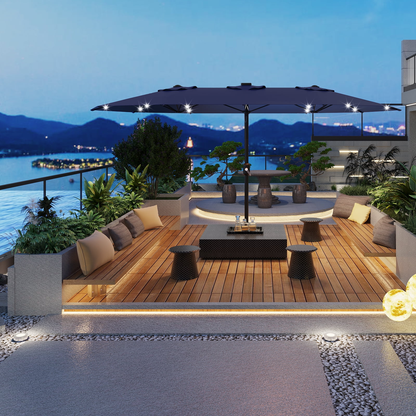 15ft Patio Umbrella with Solar Lights, Outdoor Large Umbrellas with Crank Handle and 36 LED Lights, Rectangular Market Umbrella with Base Included for Deck Pool Shade